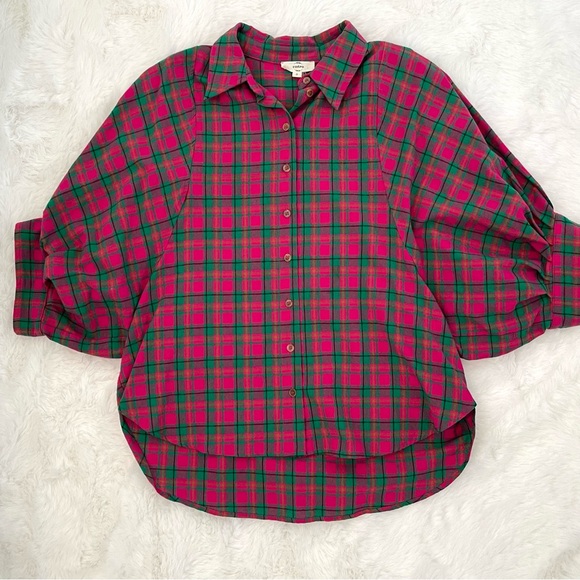 Entro Vibrant Puff Sleeve Hot Pink & Green Oversized Plaid Cotton Top - Picture 4 of 15
